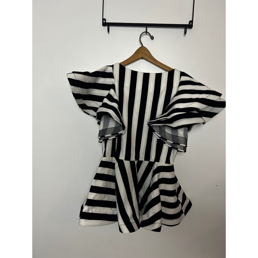 Why Dress Black White Striped Ruffle Peplum Top Womens Medium NWT